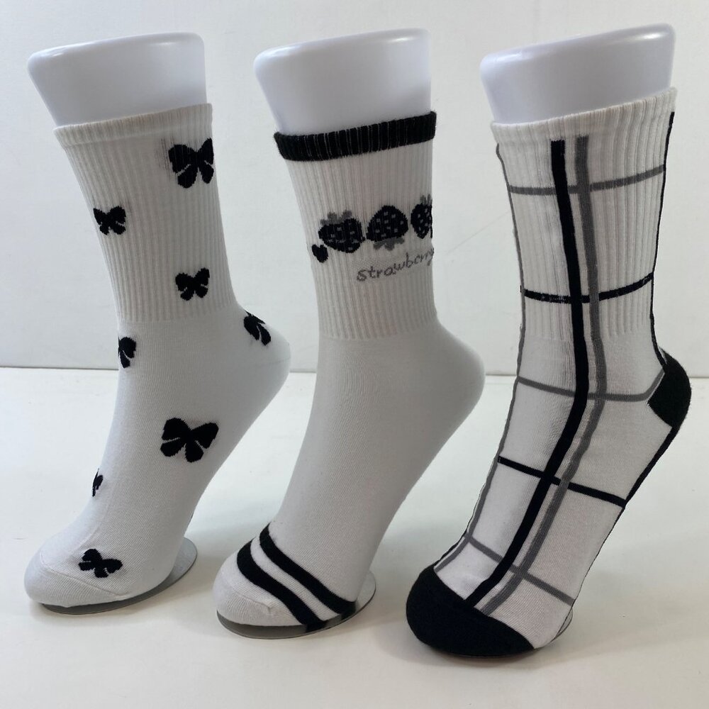 Womens Crew Socks 3-Pack Mixed Patterns Bow Grid Strawberry Black White